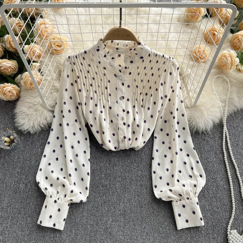 

Korean Ruffle Polka Dot Chiffon Shirt Elegant Sweet Chic Long Puff Sleeve Women Blouse Apricot Tops Stand Collar Clothes Blusas