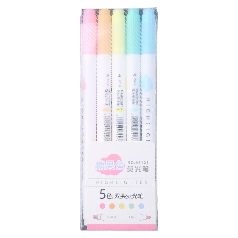 

5 Multi Colors Fluorescent Highlighters Double Tip Quick Drying Ink for Boy Girl