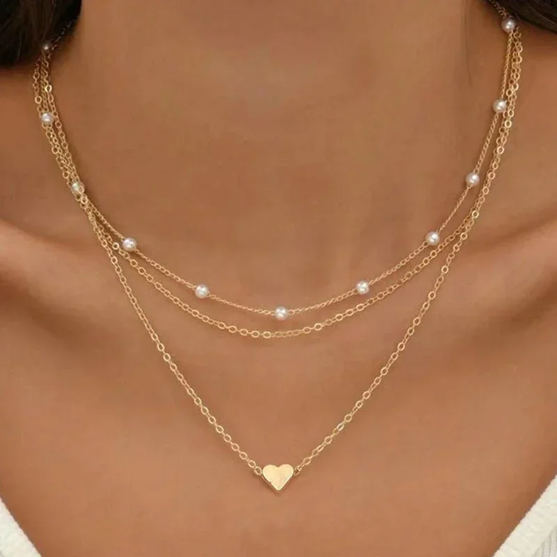 Simple Imitation Pearl Choker Necklaces for Women Fashion Multilayer Chain Small Love Heart Pendant Necklace Jewelry Gifts