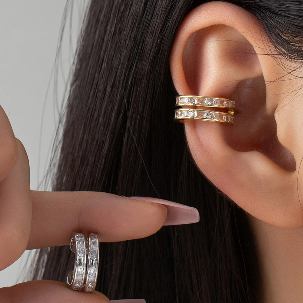 Фото Изысканные серьги-клипсы из нержавеющей стали без пирсинга, золотые зажимы для ушей, простые блестящие циркониевые манжеты для ушей для женщин, ювелирные изделия №1