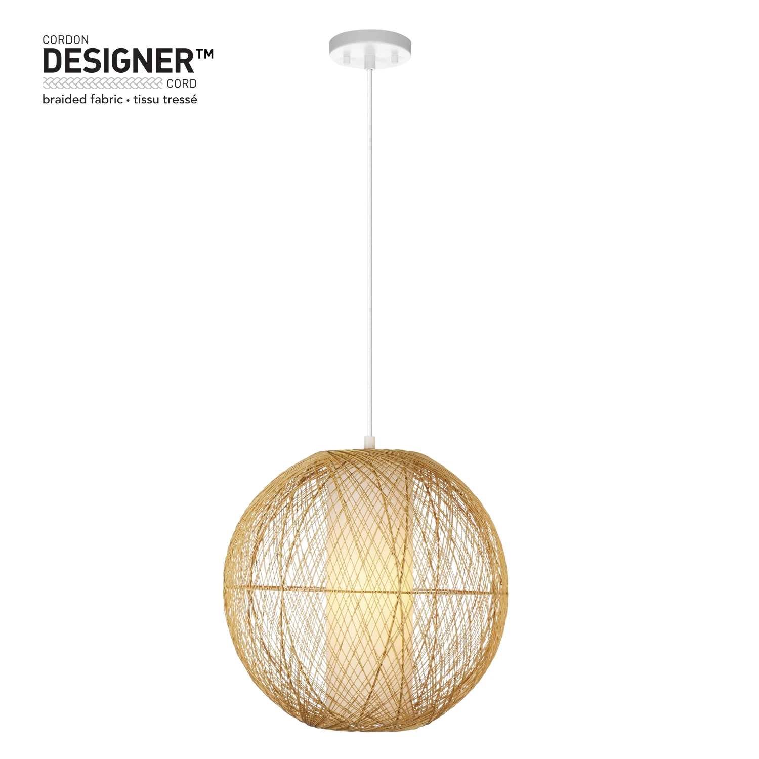 

1-Light Natural Rattan Pendant with White Inner Fabric Shade and Designer White Cloth Cord, Bulb Included, 61014