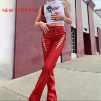 y2k women chic hollow out bandage sexy summer trend leather club trousers slim streetwear punk harajuku faux pu high waist pants