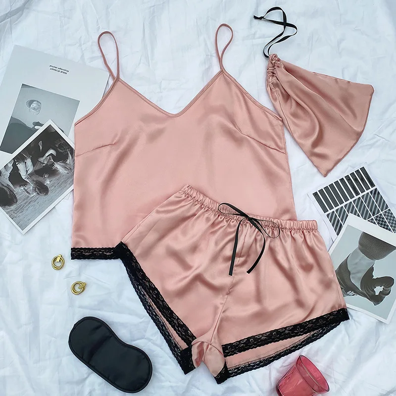 

Lace V-Neck Camisole Suit Loungewear Women Satin Nightwear 2PCS Sleep Set With Shorts Elastic Waist Pajamas Sexy Nightgown