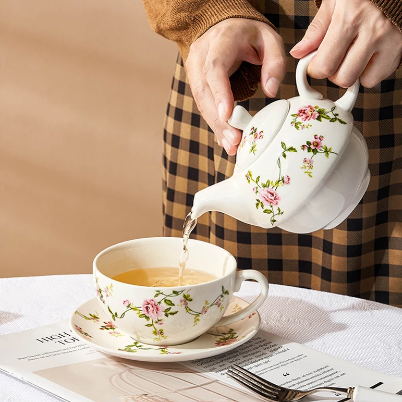 

British Porcelain Coffee Pot and Cup Plate Painted Flower Creative Ceramic Tea Set Office Afternoon Tea Mug Saucer Household Pot
