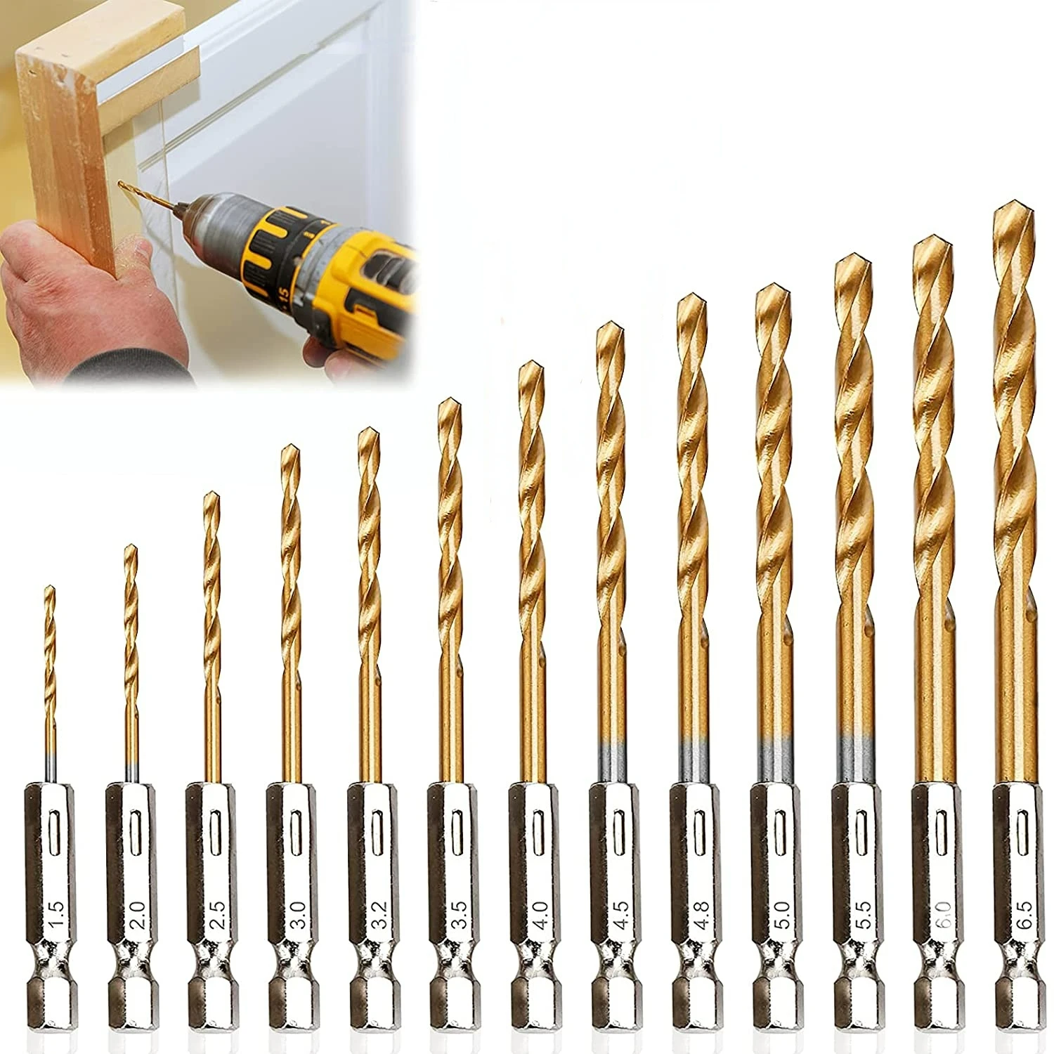

13pcs HSS Titanium Hex Shank Twist Drill Bit Set Impact Drill Bits for Wood Steel Metal Plastic Quick Change Design (1/16"-1/4")