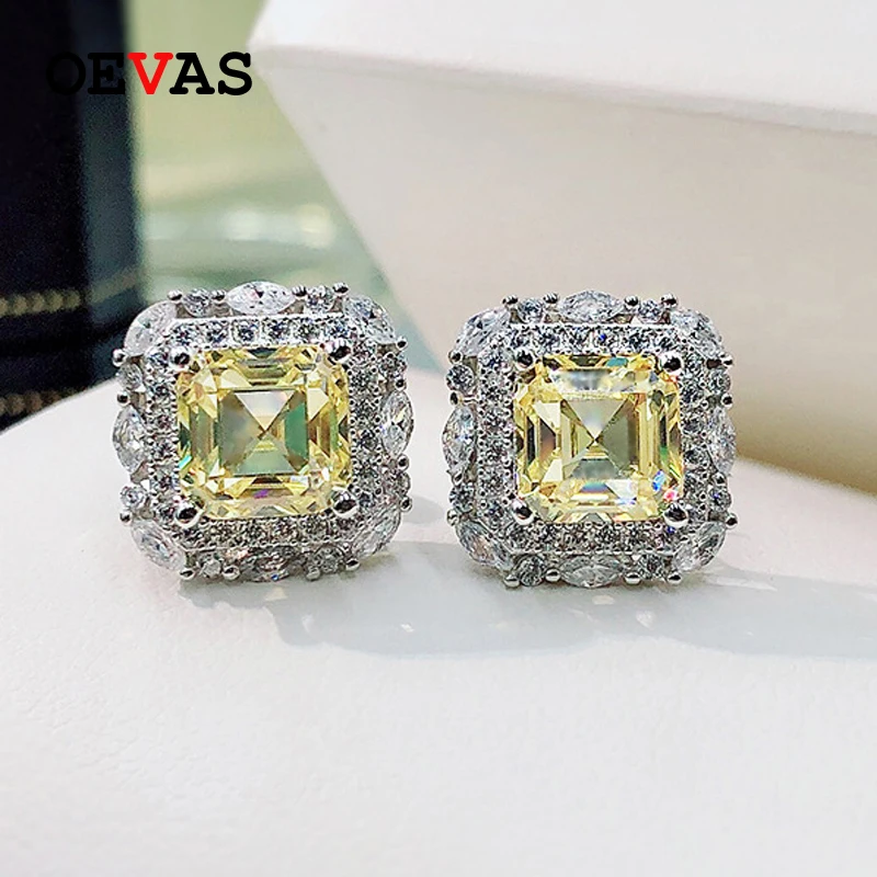 OEVAS Sterling Sparkling 100% 925 Silver 7*7mm High Carbon Diamond Earring For Women Party Birthday Stone Jewelry Dropship