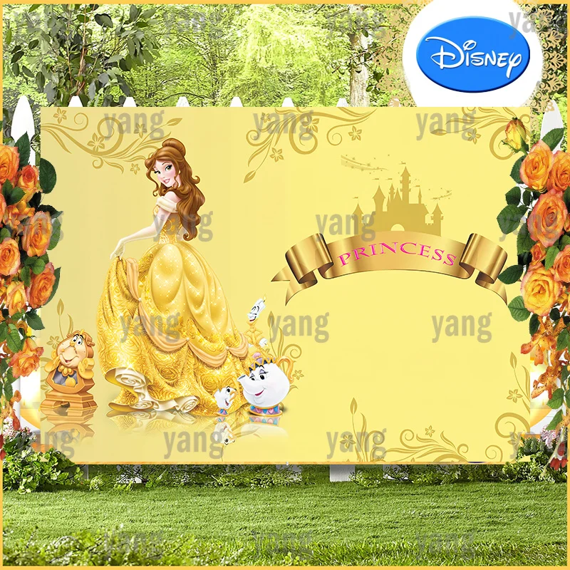 Disney Princess Crown Castle Wedding Dreamy Beauty and The Beast Backdrop Lovely Girls Happy Birthday Party Golden Decoration