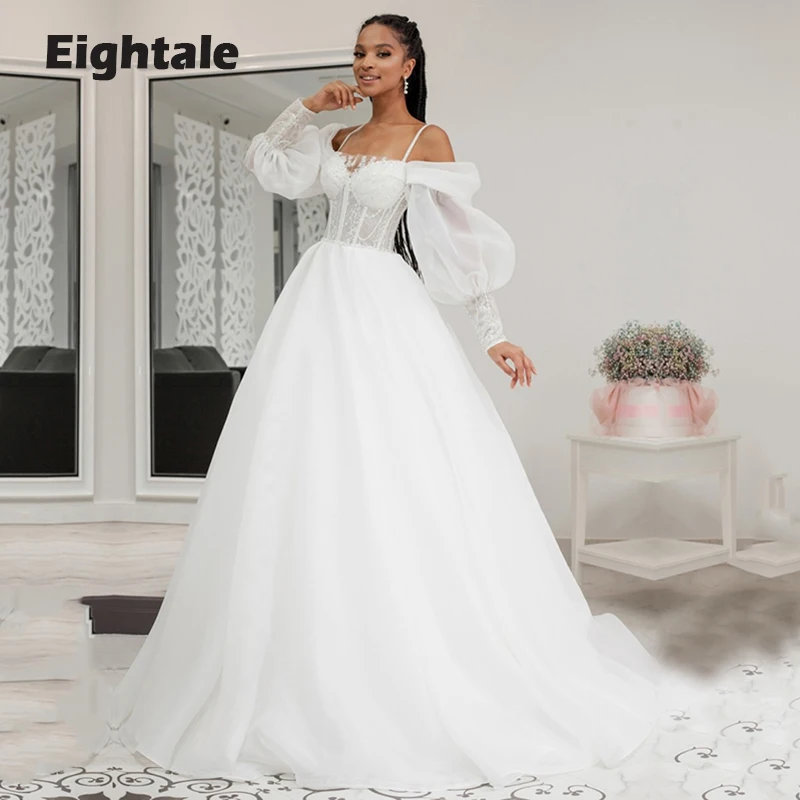 

Eightale Princess Wedding Dresses Boho Long Puffy Sleeves New Appliques Lace Corset Bridal Gown Princess vestido novia 2022