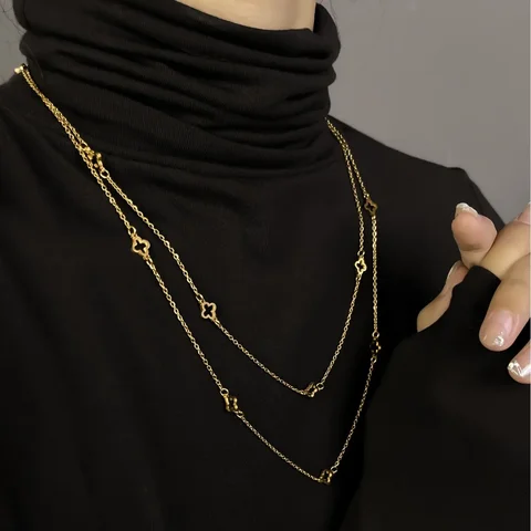 Длинное ожерелье в виде четырехлистного клевера, Женская цепочка на свитер, многослойное ожерелье из титановой стали, уникальное ювелирное изделие, 2023 г.