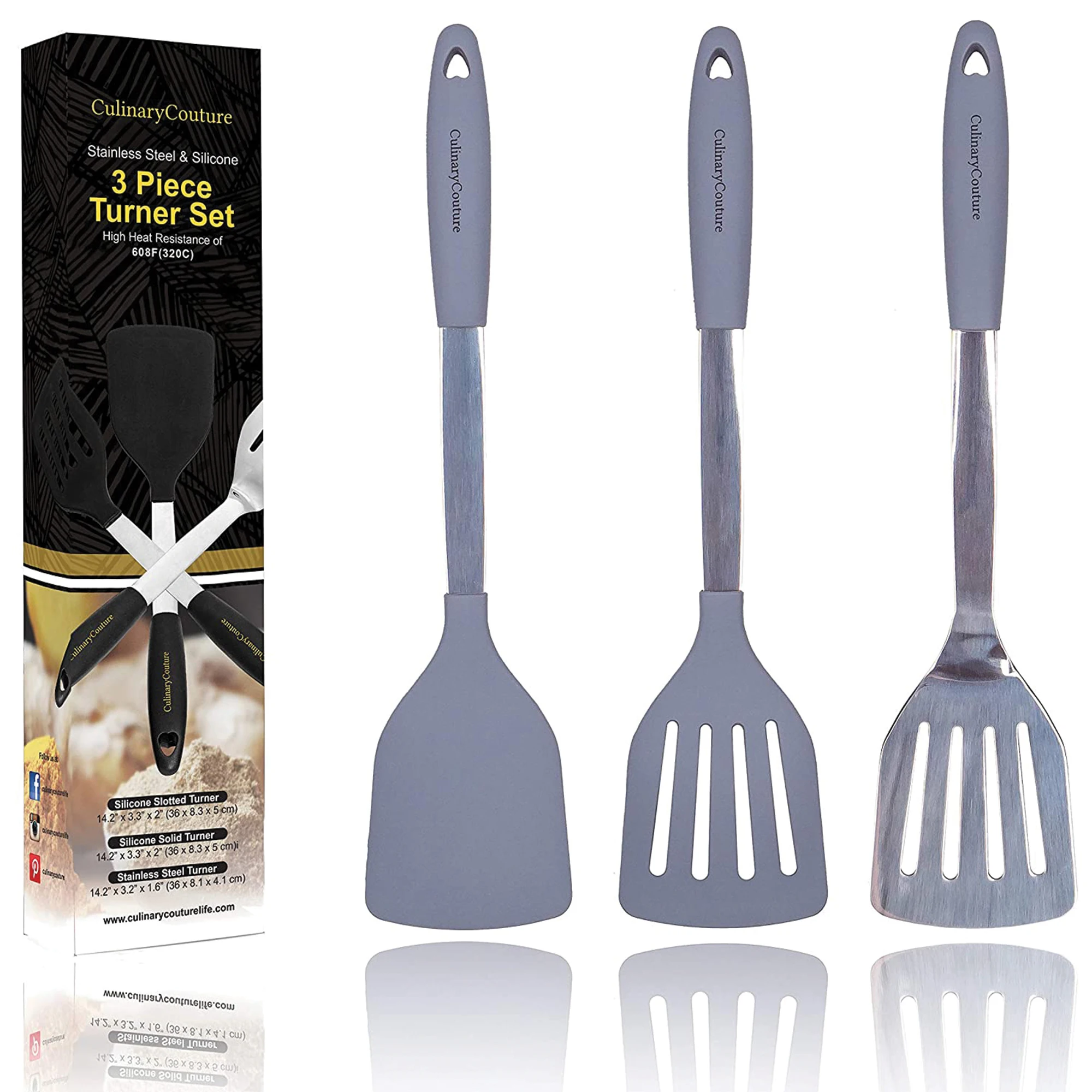 

Silicone Spatula Turner Set Stainless Steel Cooking Utensils Gray