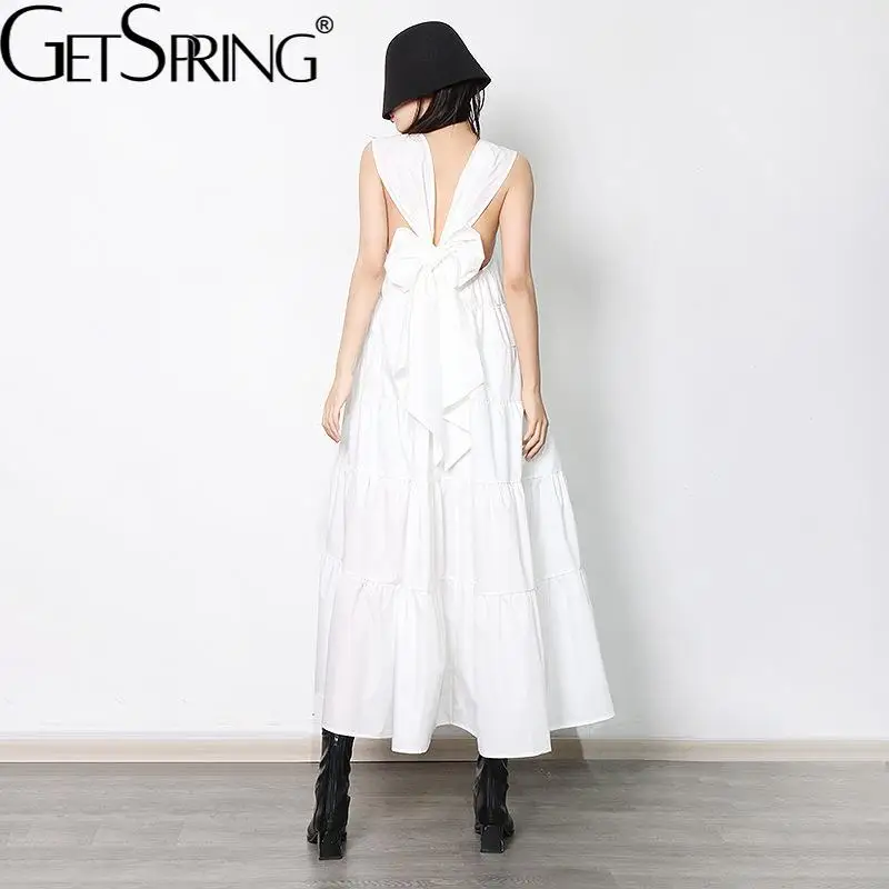 

Getspring Women Dress 2022 Fashion Sleeveless Backless Bow Tie Loose Casual Long White Black Sexy Dresses Spring Summer 2022 New