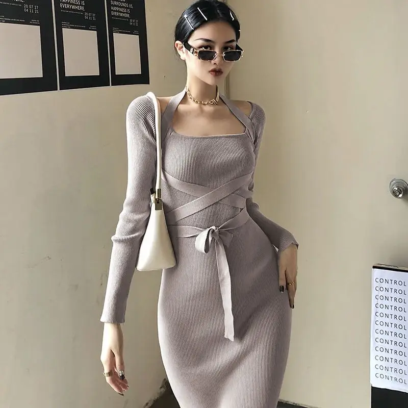 

Dresses for Women Knitted Bodycon Dress Autumn Female Long Sleeve Sweater Knitted Dress Vestidos Ladies Solid Loose Dresses G236
