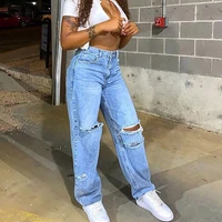 casual vintage wide leg jeans sexy denim pants2021 high waist womens fashion loose destroyed hole denim mopping pants trousers