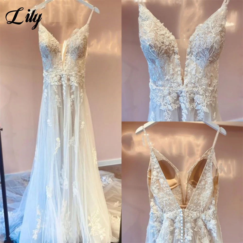 

Lily Spaghetti Strap Charming Wedding Dress Elegant Appliques Lace Wedding Gown Bridal Dress Sexy Bridal Gown vestido novia