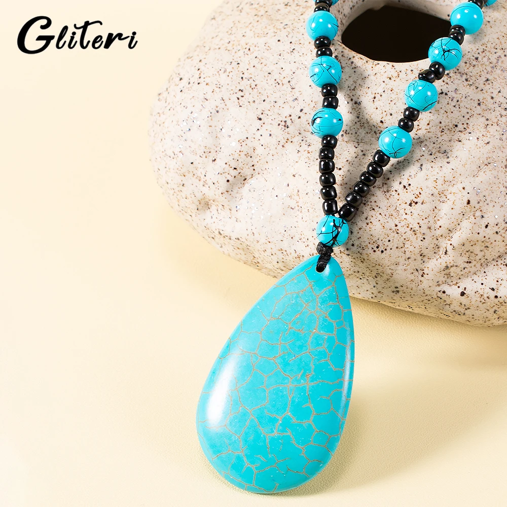 

GEITERI Bohemia Water Drop Pine Necklaces For Women Men Natural Turquoise Beads Stone Pendant Choker Vintage Jewelry Female 2023