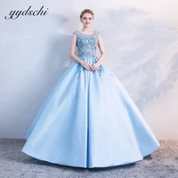 2022 blue o neck prom dresses a line beading appliques robes de soir%c3%a9e sleeveless lace up elegant stain pleated evening dresses