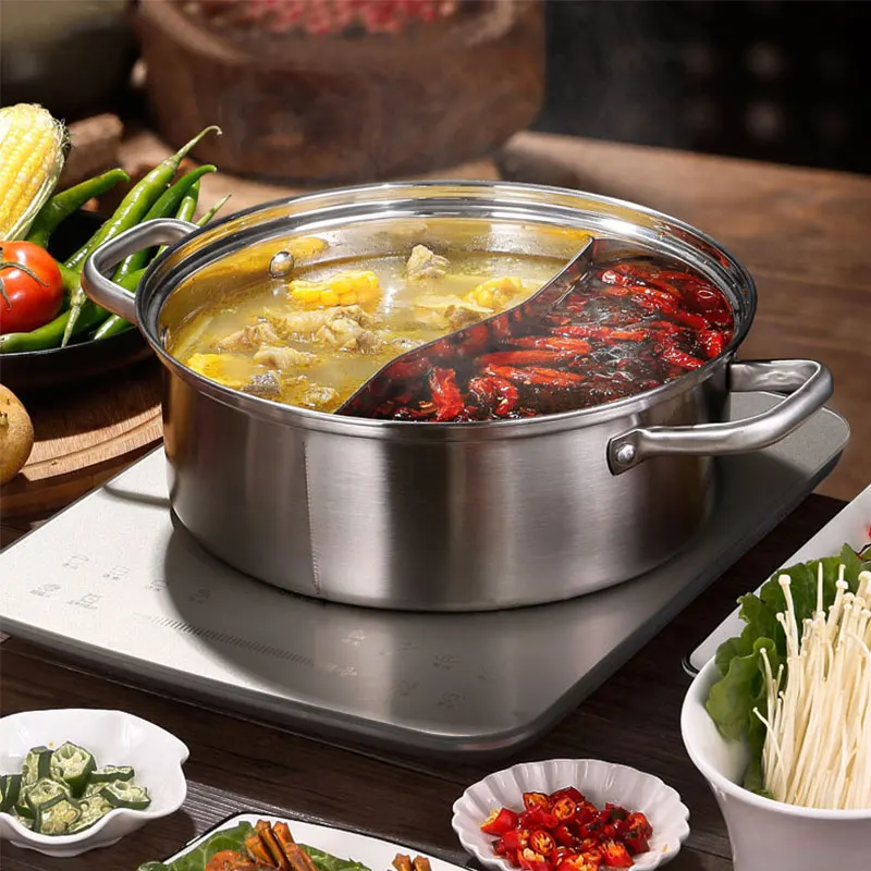 

304 Stainless Steel Chinese Hot Pot Fondue Nonstick Frying Pan With Glass Cover Hotpot Cooking Divided Pot Kitchen Accessories