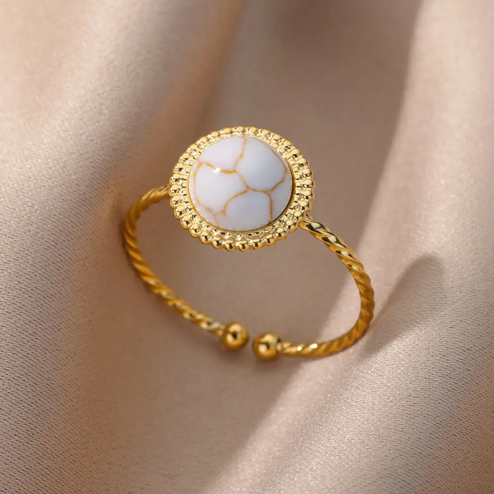 

Geometric Zircon Round Stone Ring For Women Stainless Steel Gold Plated Adjustable Sun Ring Femme Wedding Aesthetic Jewelry Gift