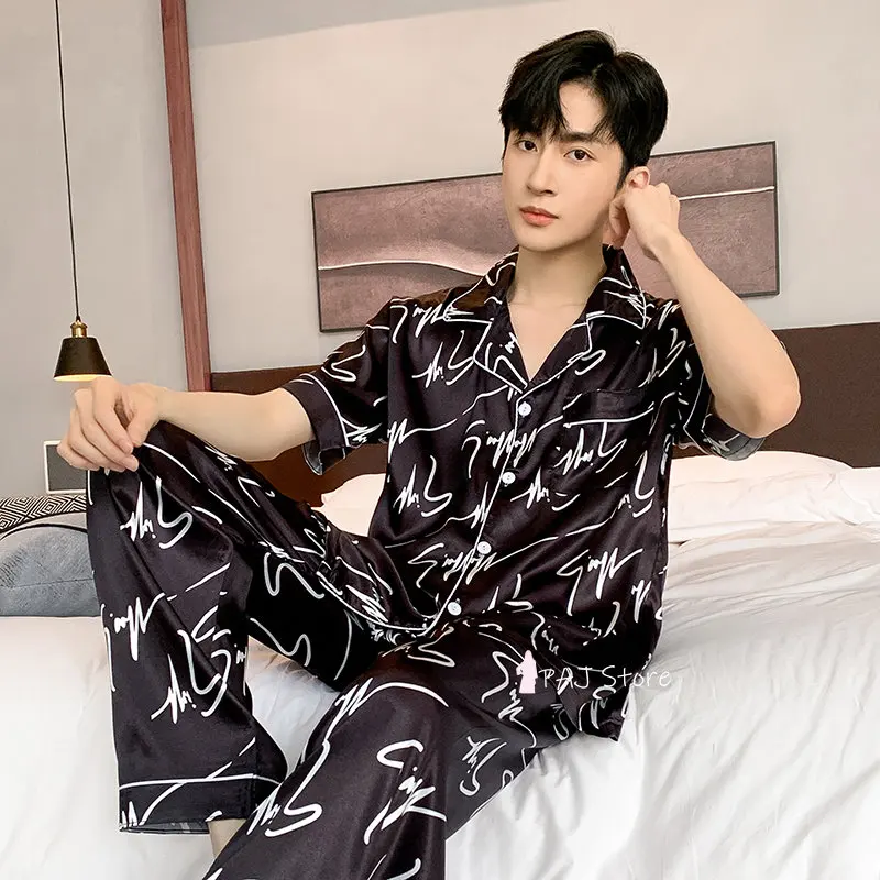 Men Sleepwear Silk Satin Pijama Set Pajama Sets Short Sleeve Sleep Home Clothes Man 2 Pieces Sets Home Suits Pyjamas L-5XL