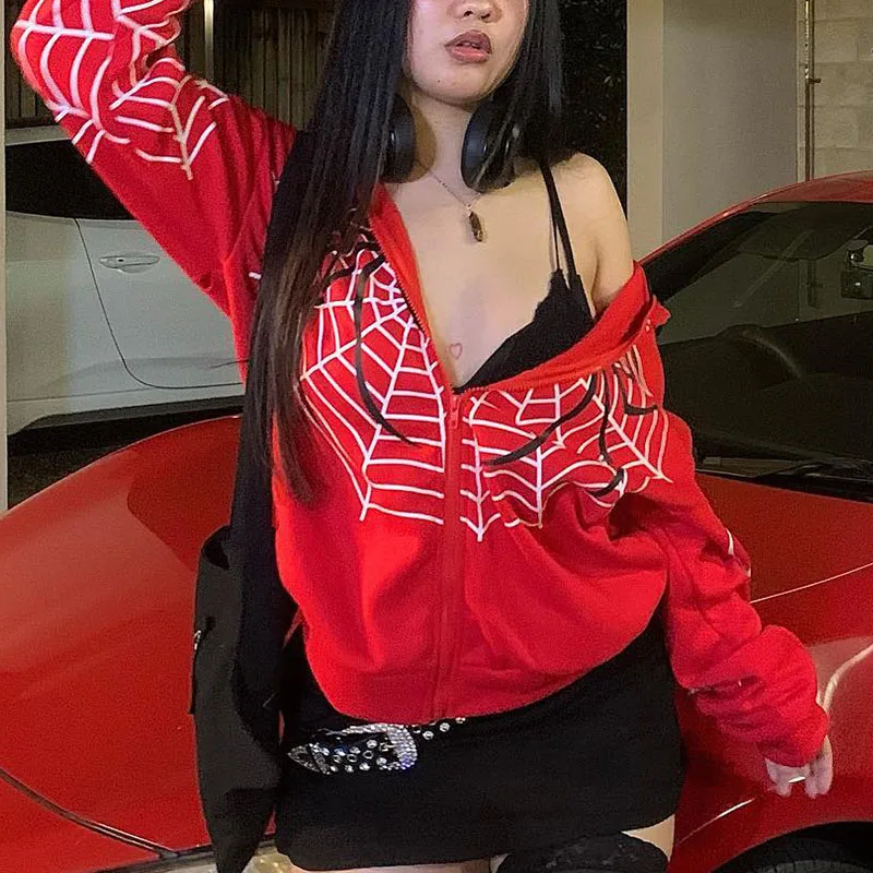 

Y2k Women Clothes Spider Web Hoodie Gothic Sweatshirt Punk Red Streetwear Aesthetics Winter Long Sleeve Sweatshirt Zip Up Jacket