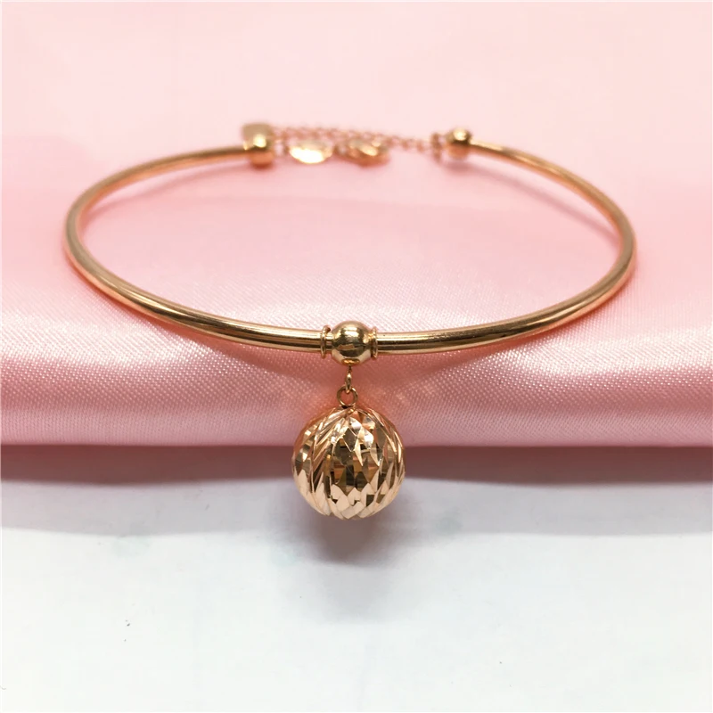 

New 585 purple gold large round bead pendant charm bracelet for women fashion adjustable sweet 14K rose gold jewelry