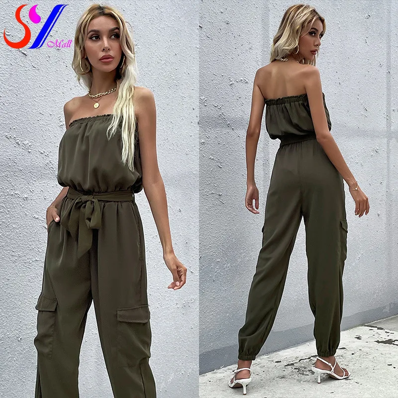 

Hot Sale Ladies Sexy Vintage Romper Long Pants Women Slim Bodycon Jumpsuit One Shoulder Army Green Solid Casual Cargo Pants