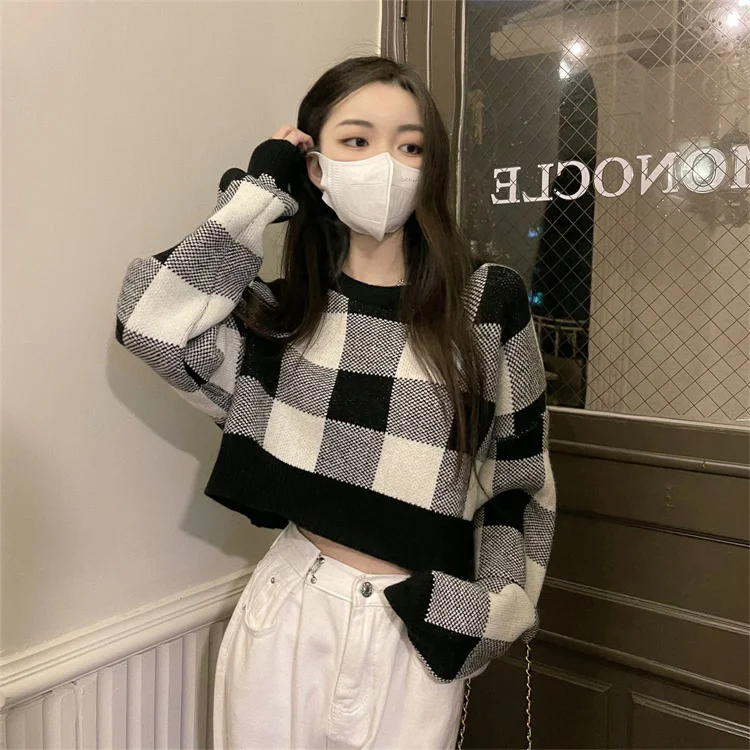 

Cropped Plaid Autumn Sweater Women Long Sleeve Korean Pullover Casual Loose Knitwear Jumpers Preppy Style Sweet Vintage