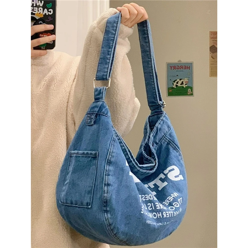 

Large Capacity Women's Denim Crossbody Bag New Commuter Portable Female Tote Purse Handbags College Girls Book Shoulder Bags