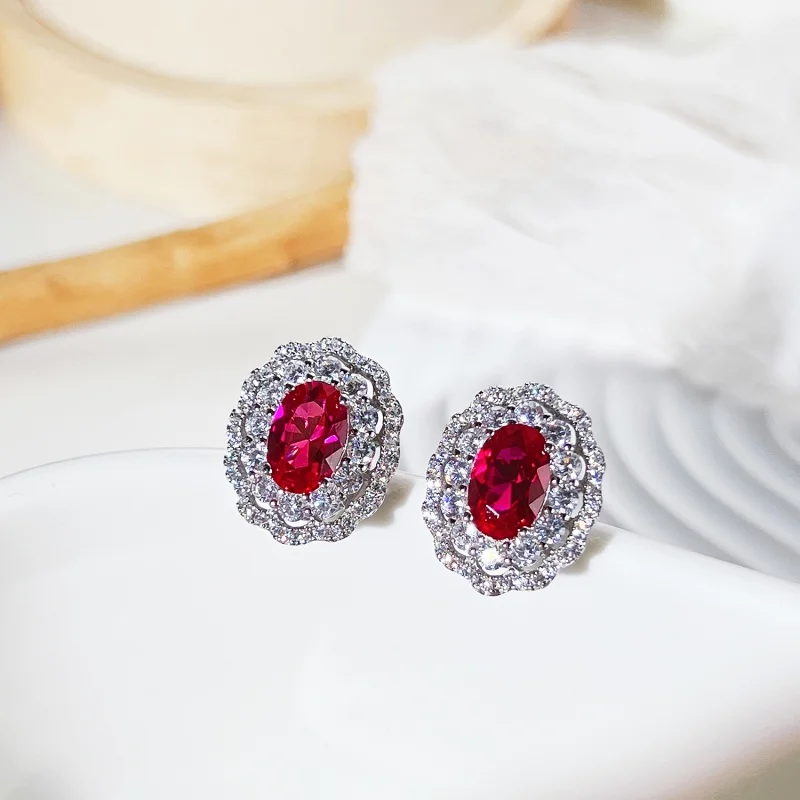 

S925 Sterling Silver Red Oval Zircon Round Zircon Micro Inlay Hollow Full Diamond Flower Style Versatile Fashion Earrings