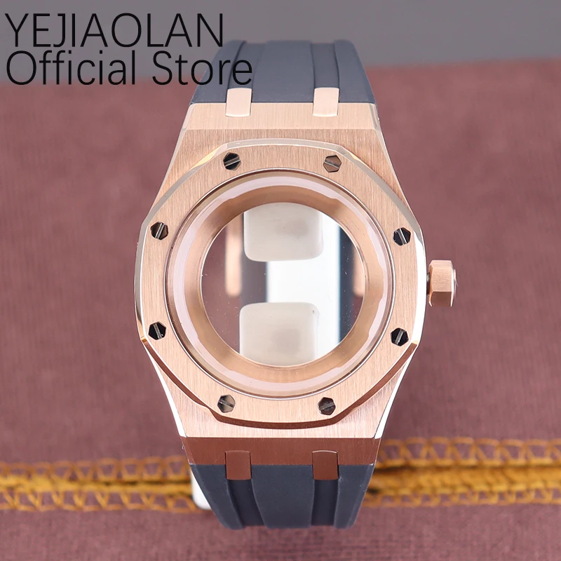 41mm Rose Gold Men Watch Cases Rubber Bracelets Sapphire Crystal Glass Parts For Seiko nh34 nh35 nh36 nh38 Movement 31.8mm Dial