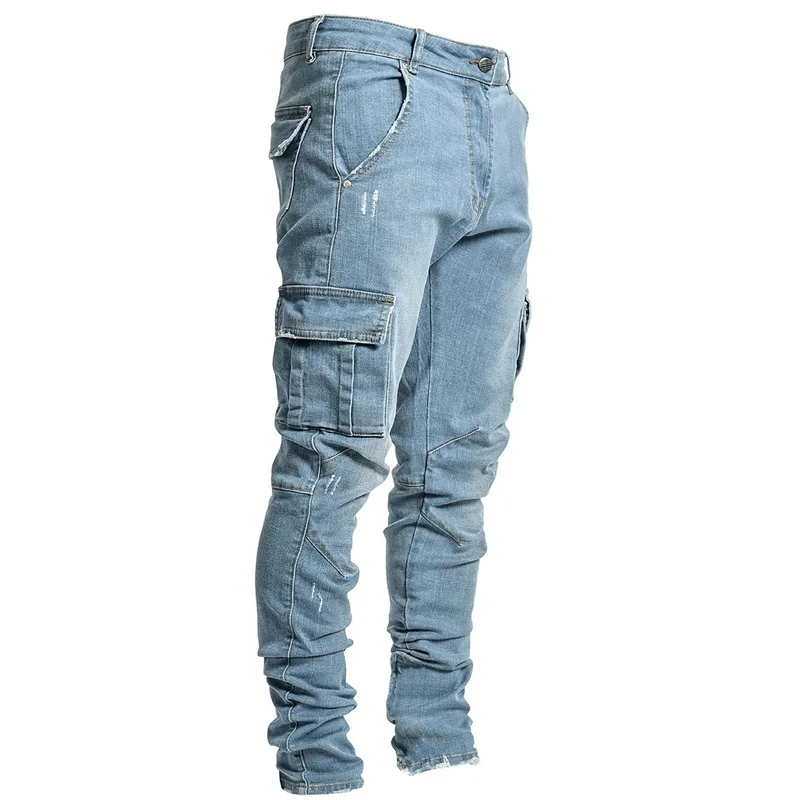 Four Seasons Casual Jeans Men's Multi-pocket Workwear Straight Pants Street Casual Washed Jogging Slim Denim Trousers Men JEANS