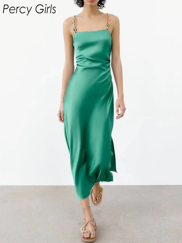 

2022 ZA New Summer Fashion Solid Silk Texture Midi Dress Women Sexy Chic Sleeveless Backless Party Sling Dresses Female