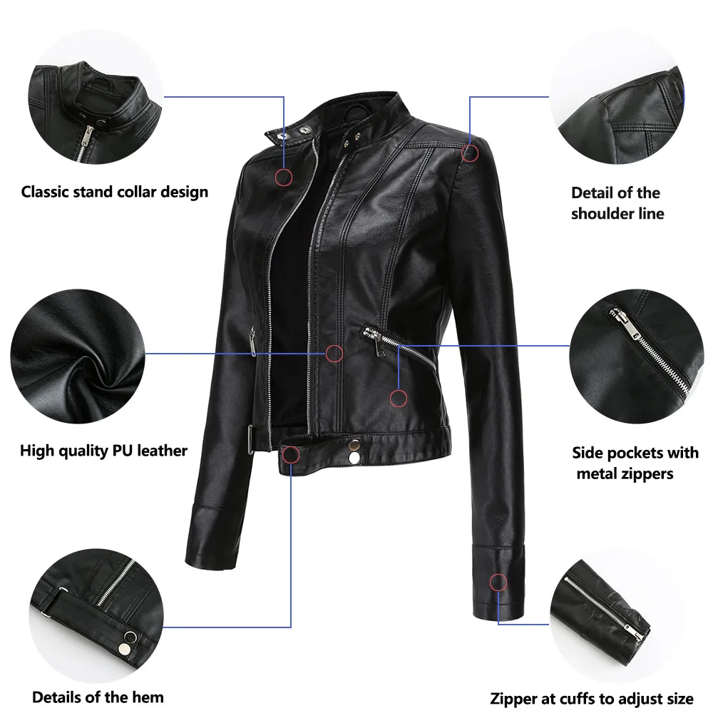 Autumn Women Short Faux PU Jacket Slim Fashion Punk Stand Collar Outwear Slim Motorcycle Biker Leather Jacket Casual Bomber Coat