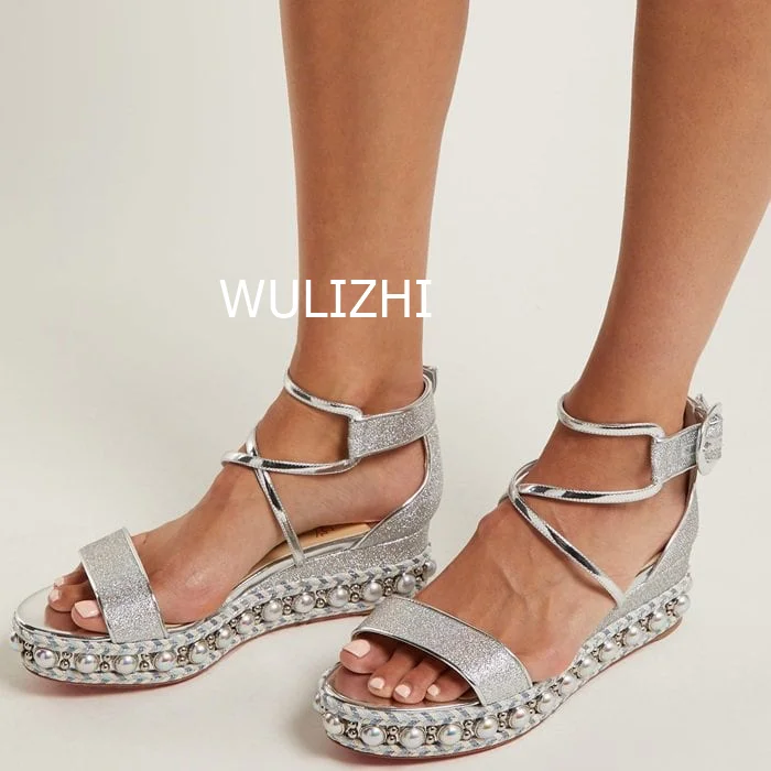 Women Silver Shiny Sequins Wedge Flat Sandals Platform Open Strap Espadarille Gladiator Metal String Bordered Summer Casual Shoe