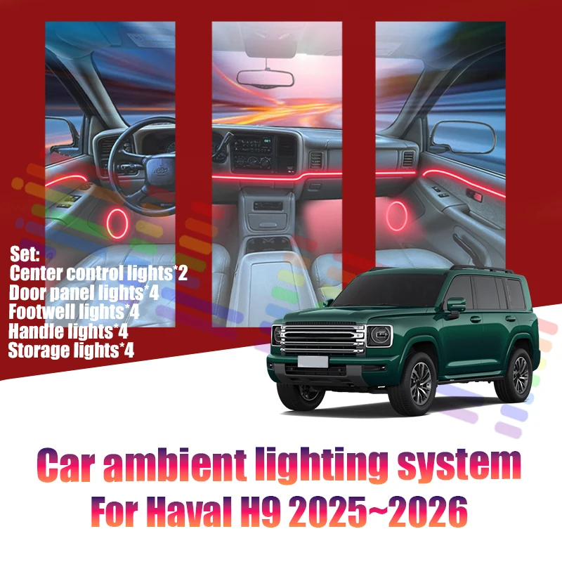Фото Для Haval H9 2025~2026 MK2: Светодиодные атмосферные лампы, разноцветная подсветка салона, неоновая лента 64 RGB, автозапчасти №1