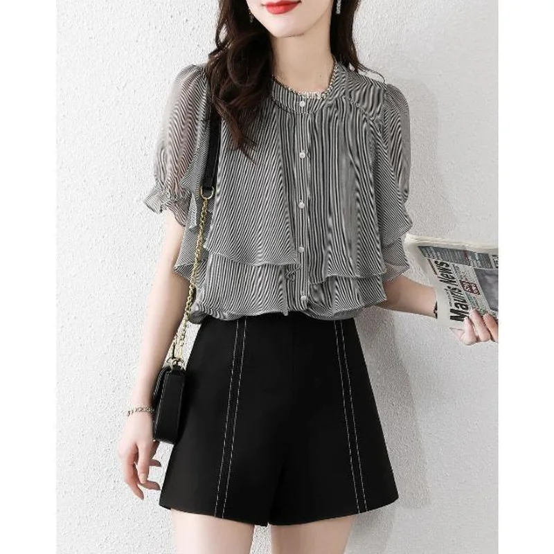 

Striped Print Ruffled Chiffon Shirt Ladies Summer New Round Neck Short Sleeve Loose Tops Tees Fashion Casual Women Clothing