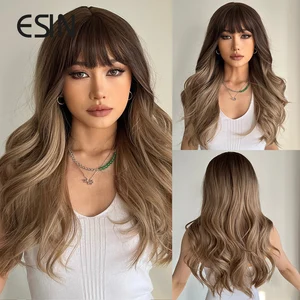 ESIN Synthetic Wigs Ombre Brown Long Curly Wigs for Women Wig Long Wavy Heat Resistant Wig Natural and Realistic