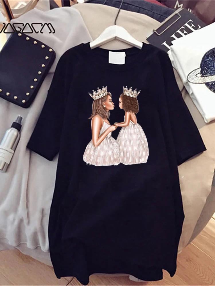 

Elegant Casual Women's Dresses Short Sleeve Mini Sundresses Mom&kids Cute Cartoon Print Streetwear Clothes Fashion Summer Dress
