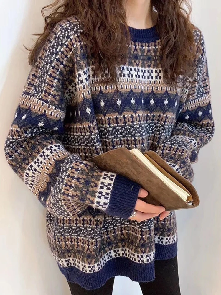 

Winter Sweater Women Streetwear Korean Retro Oversized Pullover Sweater Female Loose Knitwear Vintage Plaid Knit Jumpers Pull
