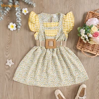 kids baby girls summer fly sleeve patchwork belt flower knee length dress children fashion princess clothing 4 7y
