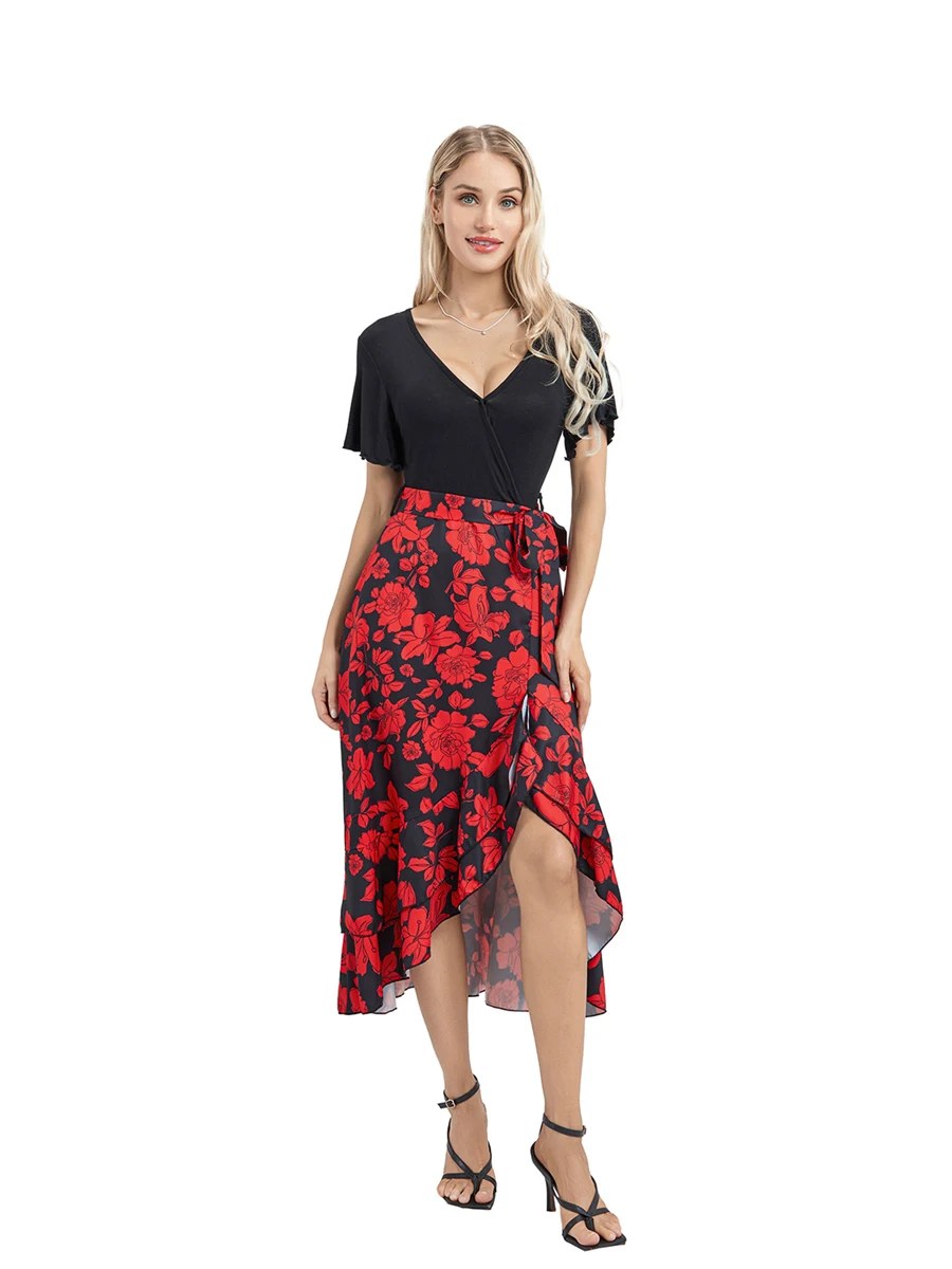 

Stylish Floral Print with Short Sleeves V-Neckline Waist Tie and Ruffled Hemline - Perfect for Casual Outings and