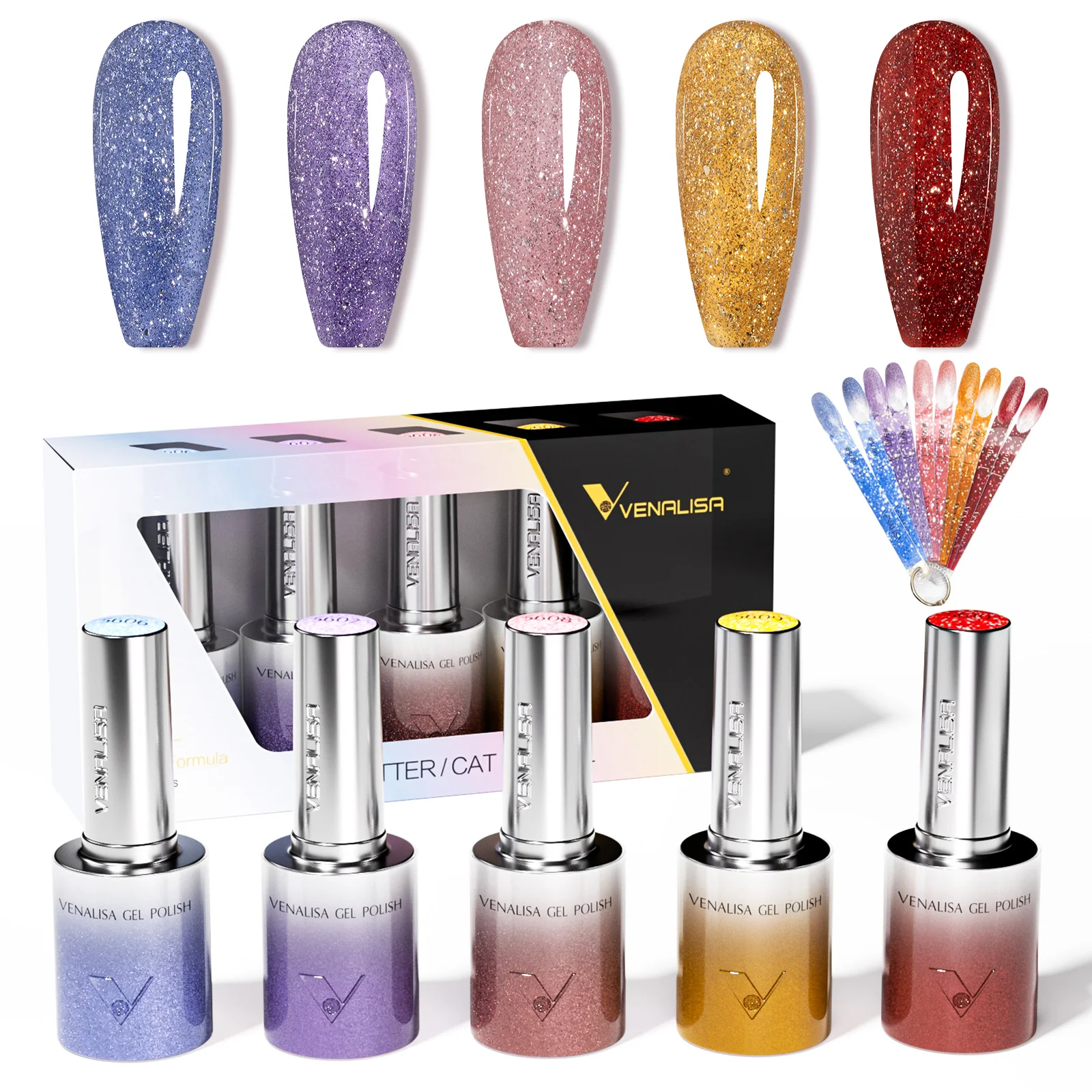 Фото 5 шт. Venalisa Hema/TPO Free Cat Eye Гель-лак для ногтей Набор цветовой палитр Ультра блестящий алмазный блеск Soak Off УФ-светодиодный набор лаков №2