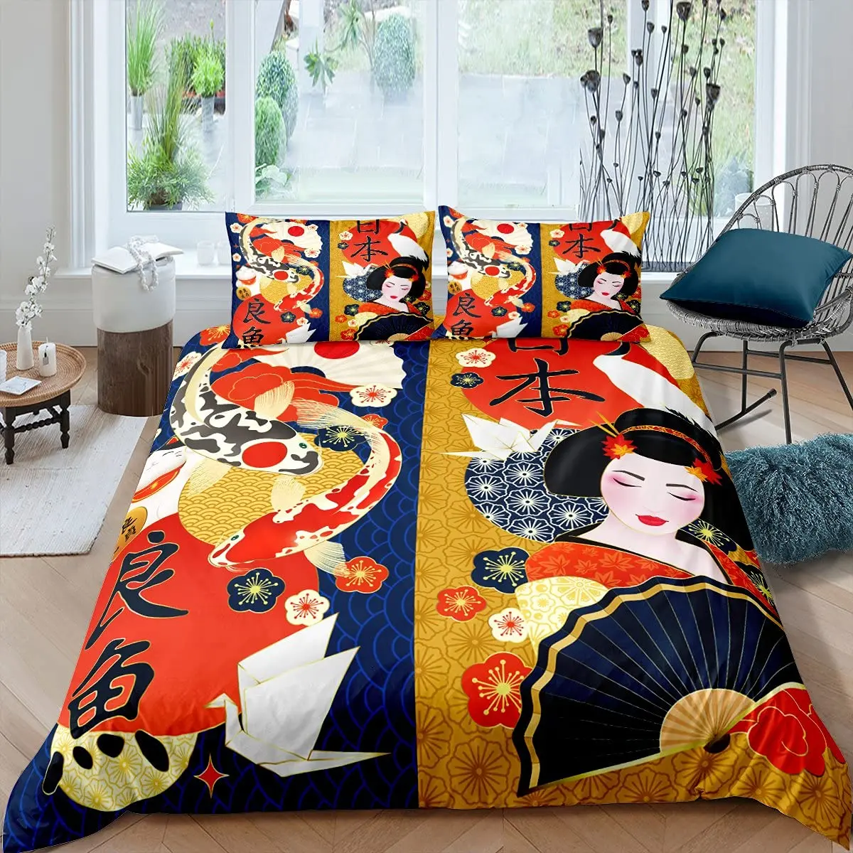 

Japanese Style King Queen Duvet Cover Koi Fish Cherry Bedding Set Ukiyo-E Geisha Quilt Cover Sun Crane Polyester Comforter Cover