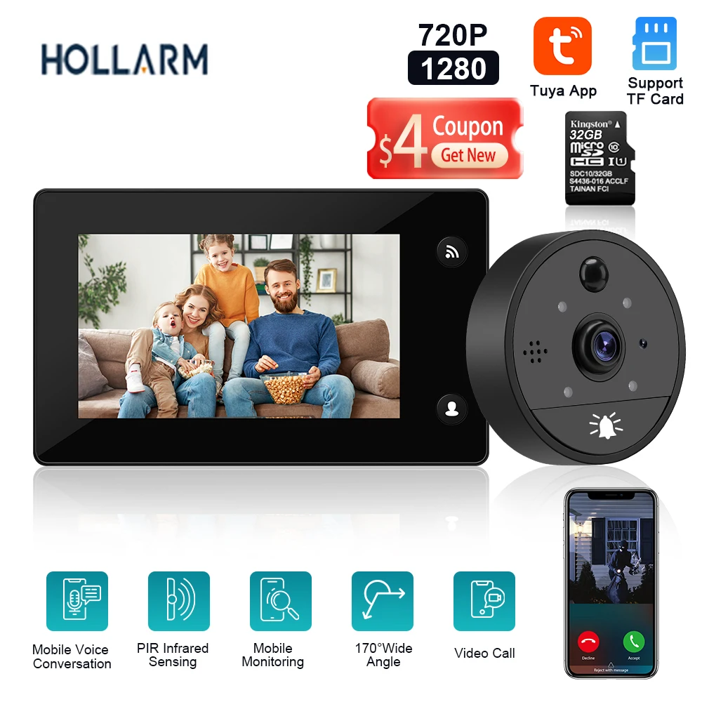 

Умный дверной звонок Hollarm, 4,3 дюйма, Wi-Fi, «кошачий глаз»