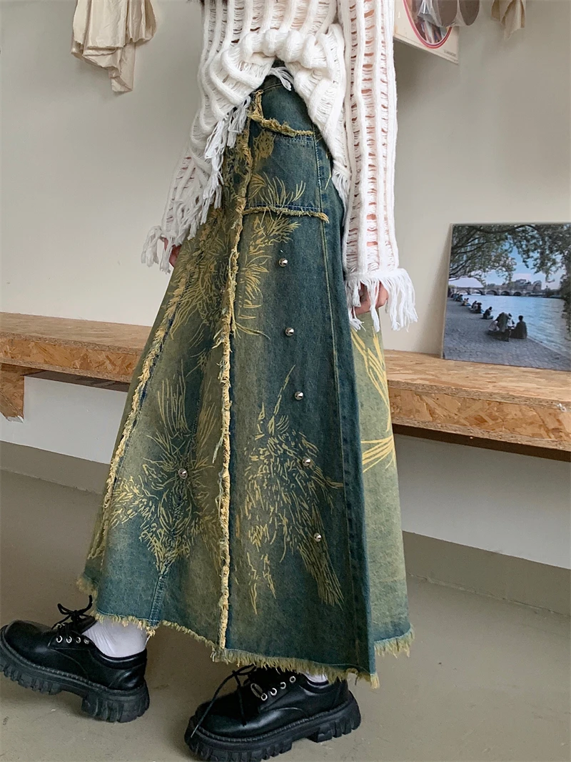 Женская длинная ковбойская юбка трапециевидная с графическим принтом Корейская