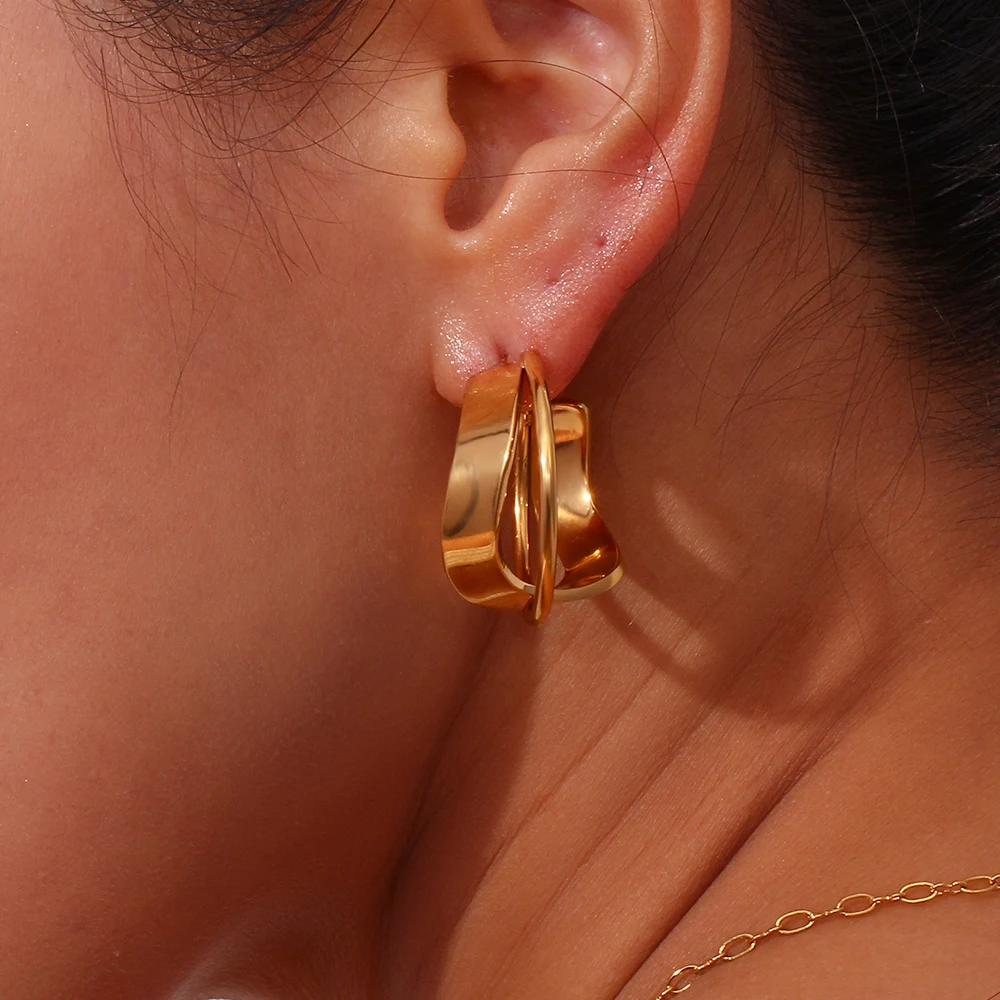 

2023 Cross Wire Curve Double Layers Golden Hoop Earrings For Woman Stainless Steel Jewelry boucle d’oreille acier inoxydab femme