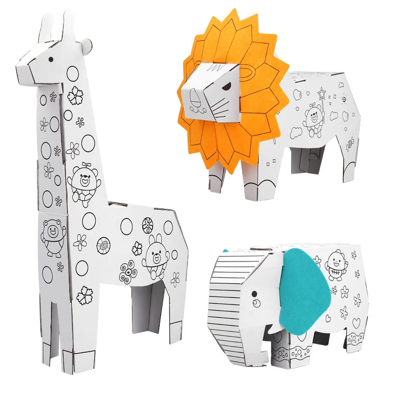

DIY 3d Carton Handmade Creative Cardboard Animal Graffiti Model Kindergarten Carton Toy Can Be Colored Make Lion Elephant Toys
