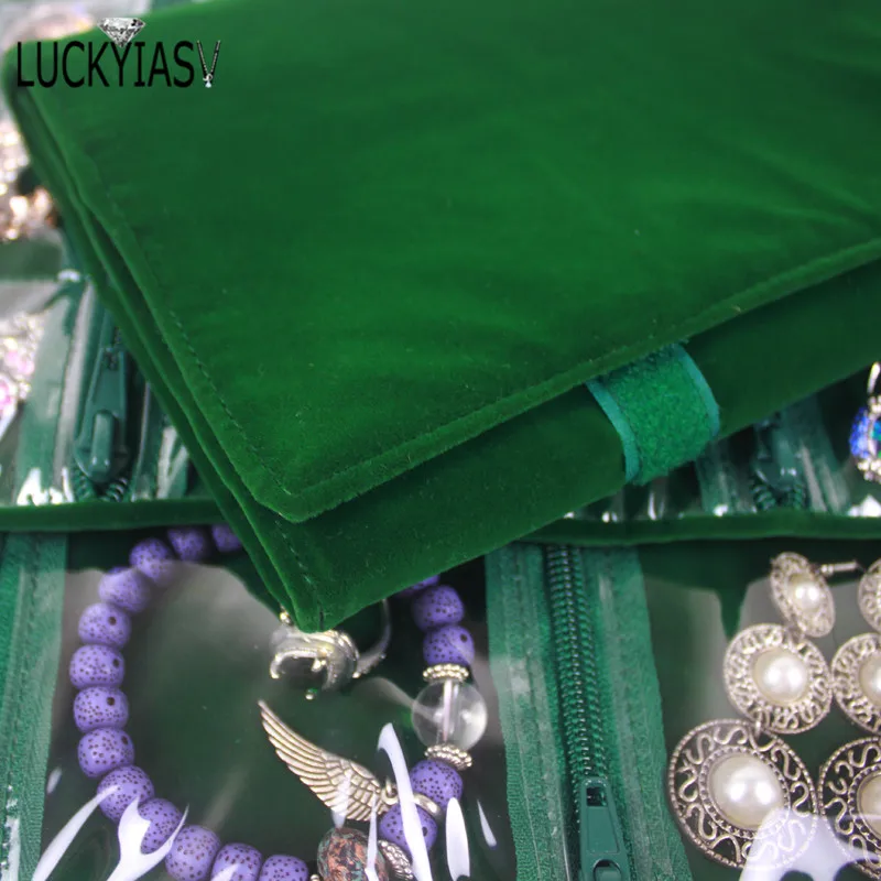 Travel Jewelry Case Roll Bag Organizer for Bracelet Earrings Ring Zipped Grids with PVC Cover Black/Grey/Pink Velvet