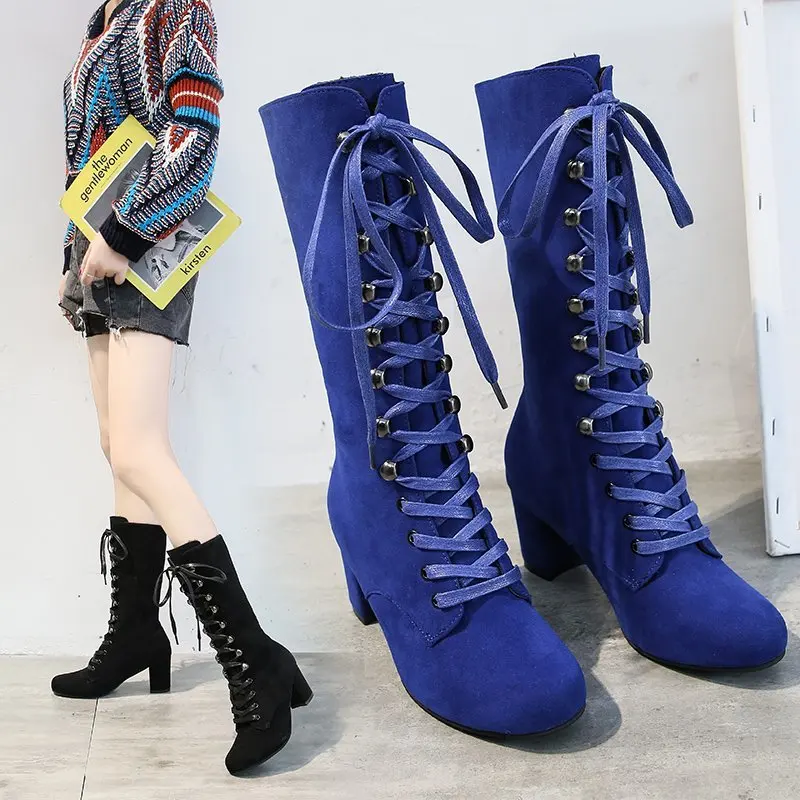 

Autumn and Winter New Sexy Lace-up Round Head Knee-high Heel Long Warm Women's Boots Tall Women's Boots Plus Size 43