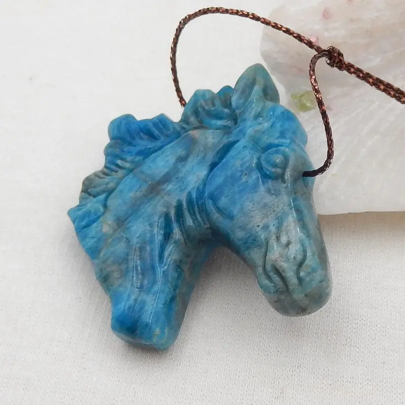 Semiprecious Natural Stone Blue Apatite Crystal Carved Horse Head Pendant Bead 43x38x10mm30gFashion Jewelry Necklace Accessories
